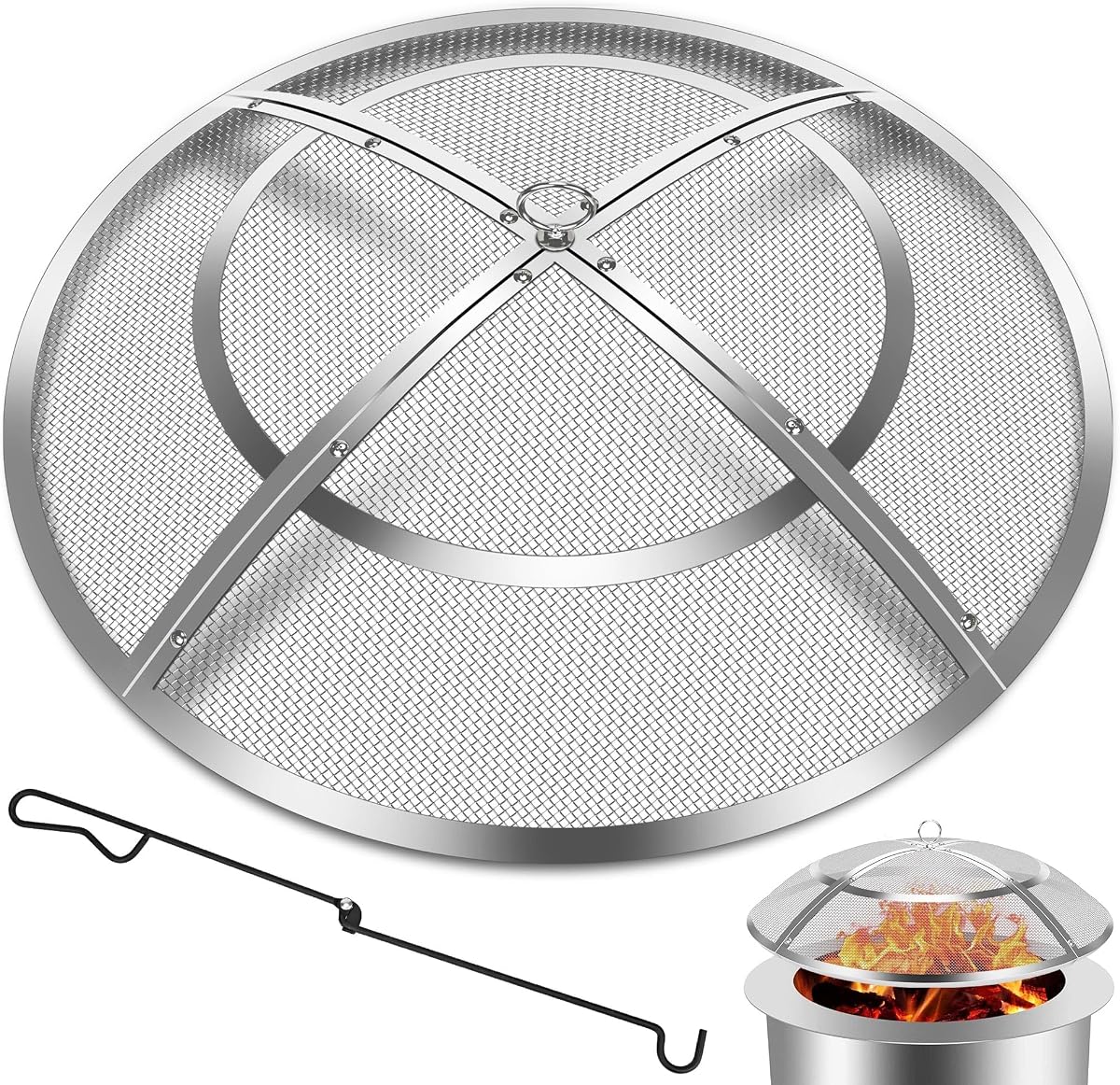 Fire Pit Spark Screen,24 Inch Fire Pit Screen Cover Stainless Steel Outdoor with Handle&Poker,Firepit Screens Cover Round Mesh Lid Heavy-Duty Steel Replacement for Backyard/Beach/RV Camping