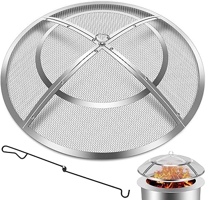 Fire Pit Spark Screen,36 Inch Fire Pit Screen Cover Stainless Steel Outdoor with Handle&Poker,Firepit Screens Cover Round Mesh Lid Heavy-Duty Steel Replacement for Backyard/Beach/RV Camping