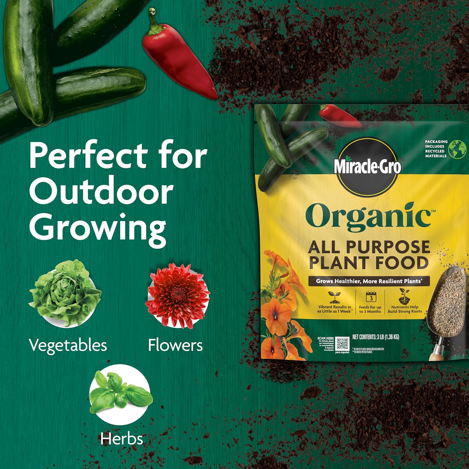 Miracle-Gro Organic All Purpose Plant Food - Garden Fertilizer for Outdoor Vegetables, Flowers, Container and In-Ground Plants, Feeds up to 3 Months, OMRI Listed, 3 lb. (2-Pack)