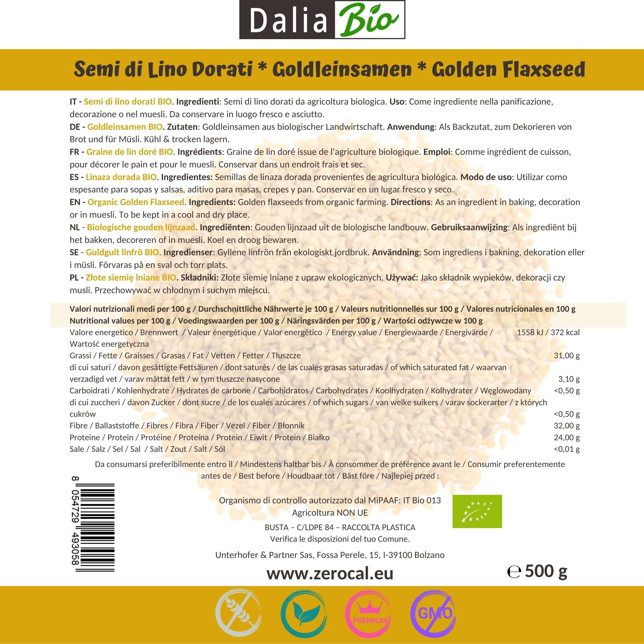 Dalia Bio - SEMILLAS DE LINO DORADO BIO 500g | Semillas de lino dorado, naturales y totalmente vegetales | Fuente premium de fibra y Omega-3 | Sin gluten | 100% orgánica