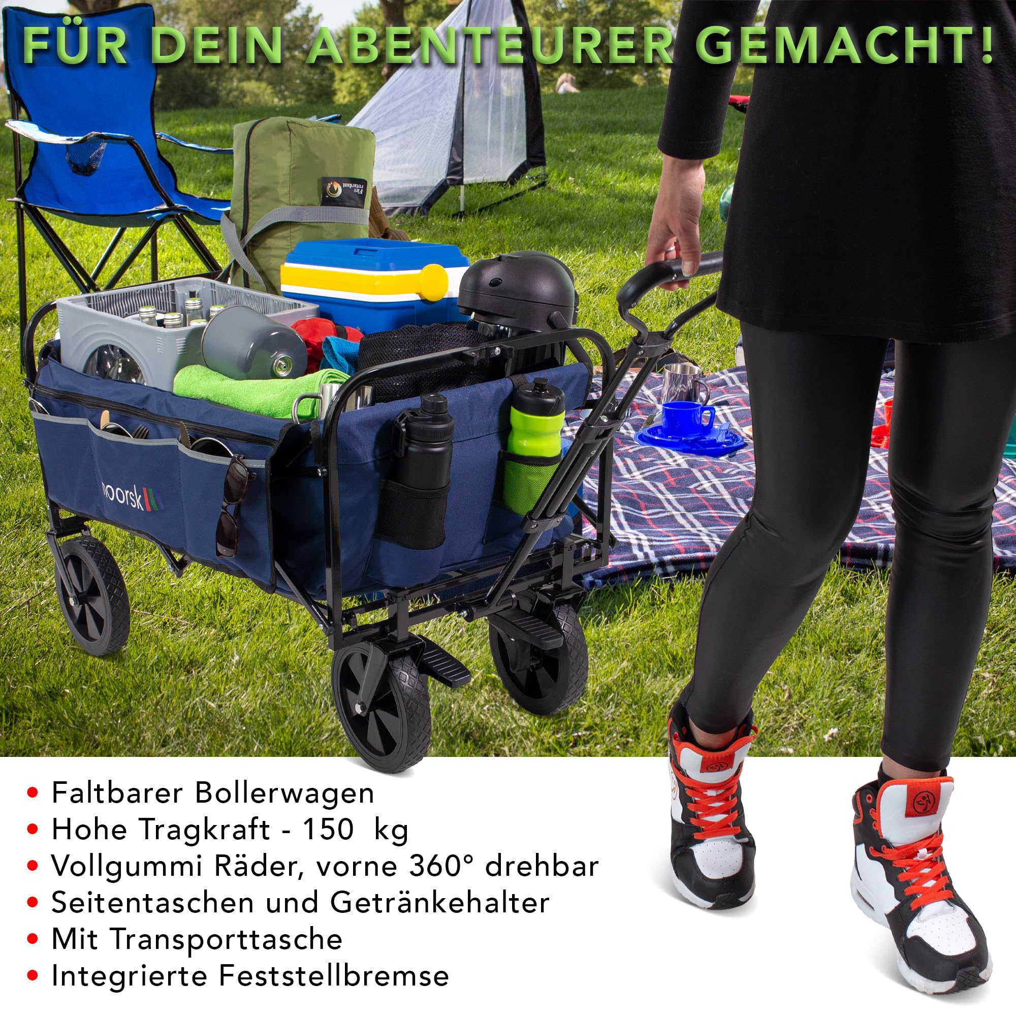 noorsk Faltbarer Bollerwagen - Klappbarer Transportwagen mit Vollgummi-Rädern - Robuster Handwagen für Garten, Ausflüge & Einkäufe - Platzsparend & vielseitig einsetzbar - Blau
