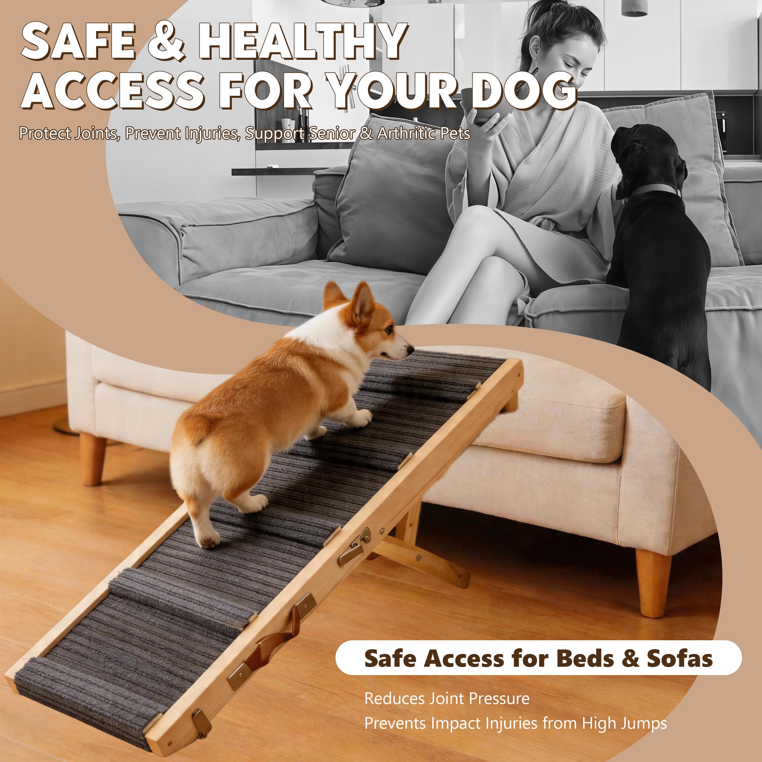 Hunderampe aus Holz, Hundetreppe 4 Stufen Verstellbar 23cm bis 46cm, verstellbare Rampe Hund für Sofa Auto Bett, Hunderampen Auto Klappbar für Mittelgroße Hunde, Kleine, bis 60 kg