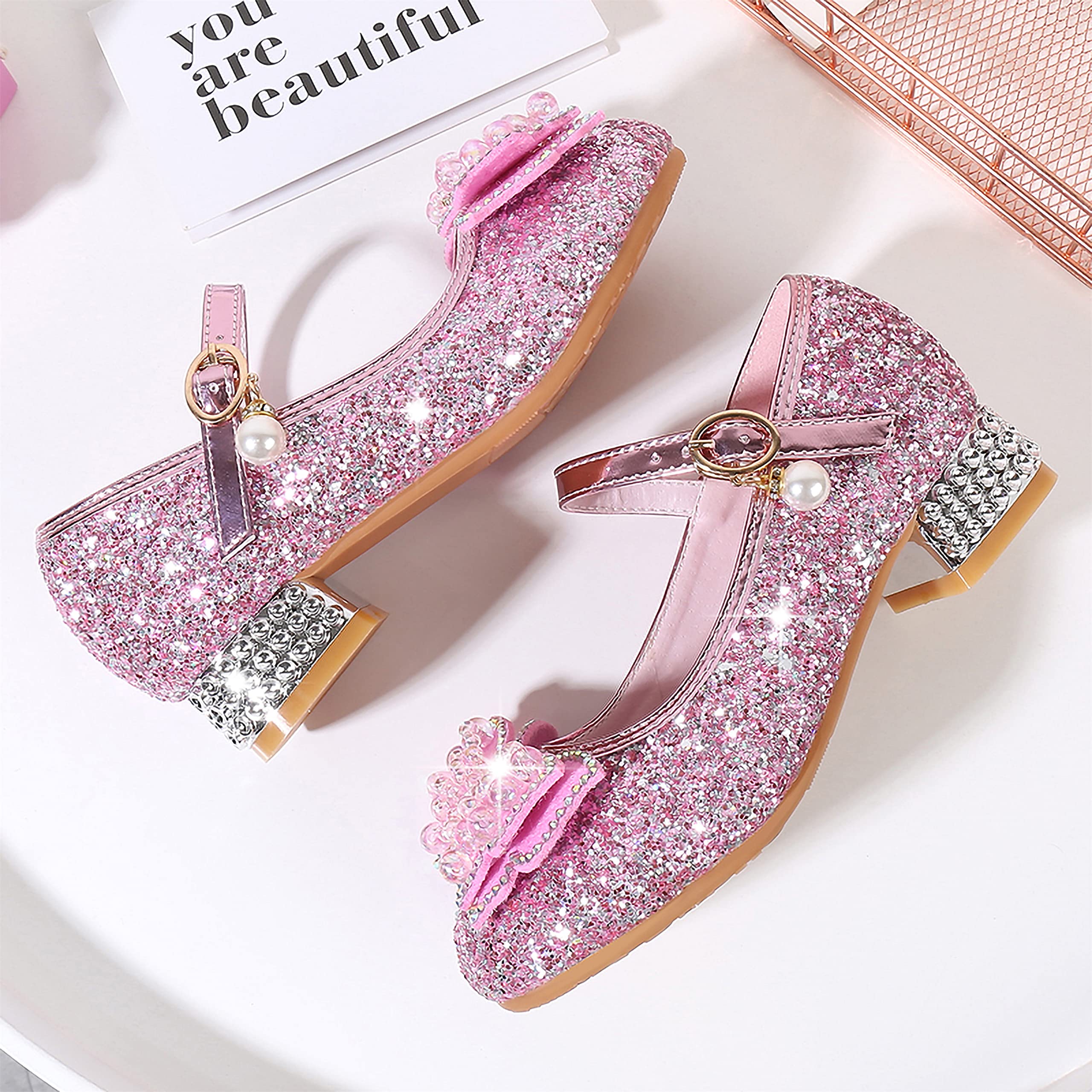 YOSICIL Principessa Scarpe con Tacco da Bambine e Ragazze con Fiocchi Scarpe da Principessa con Paillettes Ragazza Ballerine Glitterate Scarpe Eleganti Partito e Carnevale，Rosa