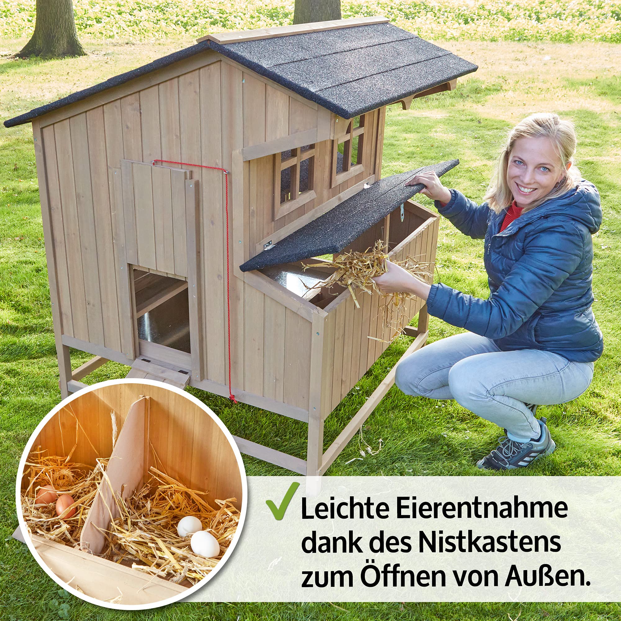 zooprinz Hühnerstall Braun – Vollholz Hühnervoliere mit Nistkasten | Hühnerstall aus massivem Vollholz mit Nistkasten – schnell zu reinigen, braun lasiert für Garten & Außengehege