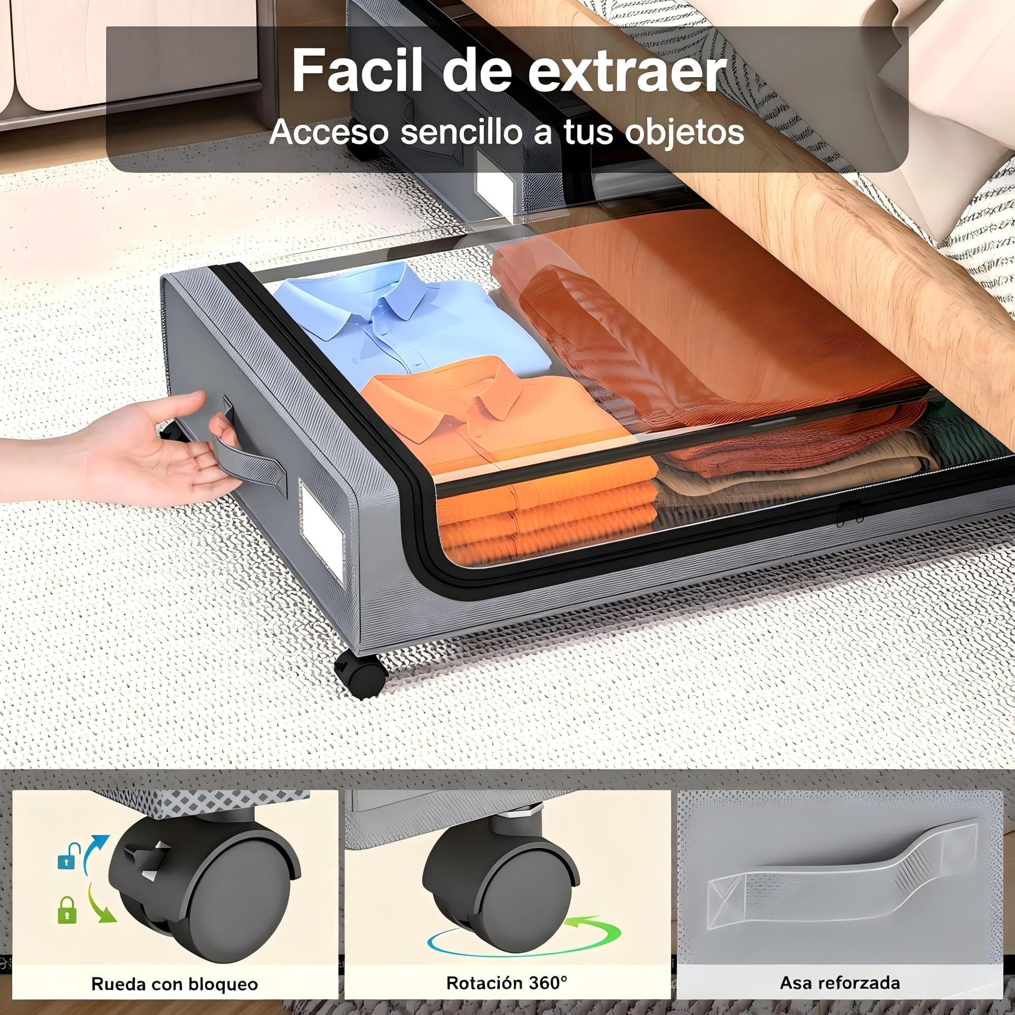 Caja Almacenamiento Plegable 60L con Ruedas Acero Organizador Debajo Cama
