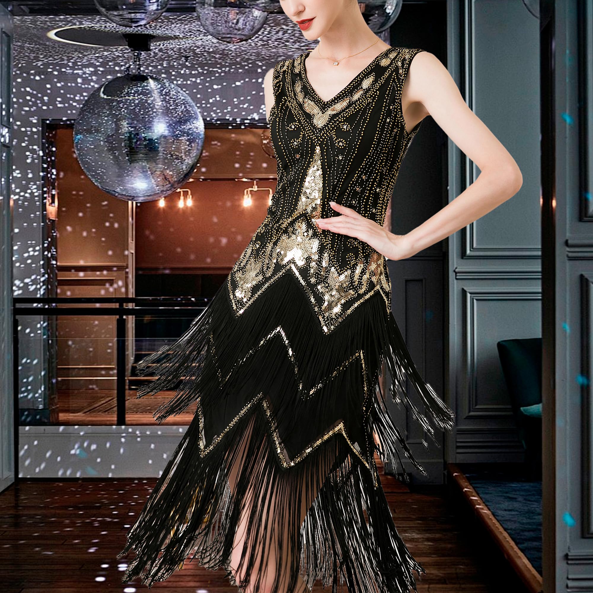 MUNAFIE Robe à paillettes des années 20 - Robe à franges, col en V - Robe à paillettes pour femme - Robe de fête Gatsby Charleston Flapper - Robe de fête costumée