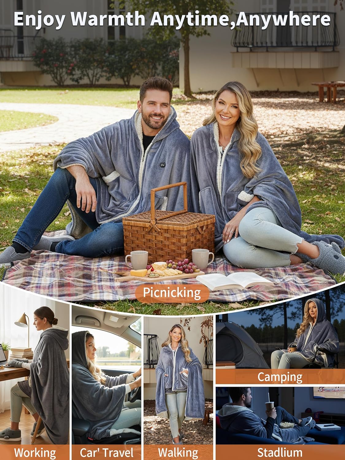 12V Heated Blankets Battery Operated,Cordless Heating Blanket Wearable Shawl,Portable Electric Wrap Poncho Blanket Hoodie,15000mah Sherpa Heated Throw Blanket 3 Heat sets for Car,Indoor,Camping,Picnic - Image 7