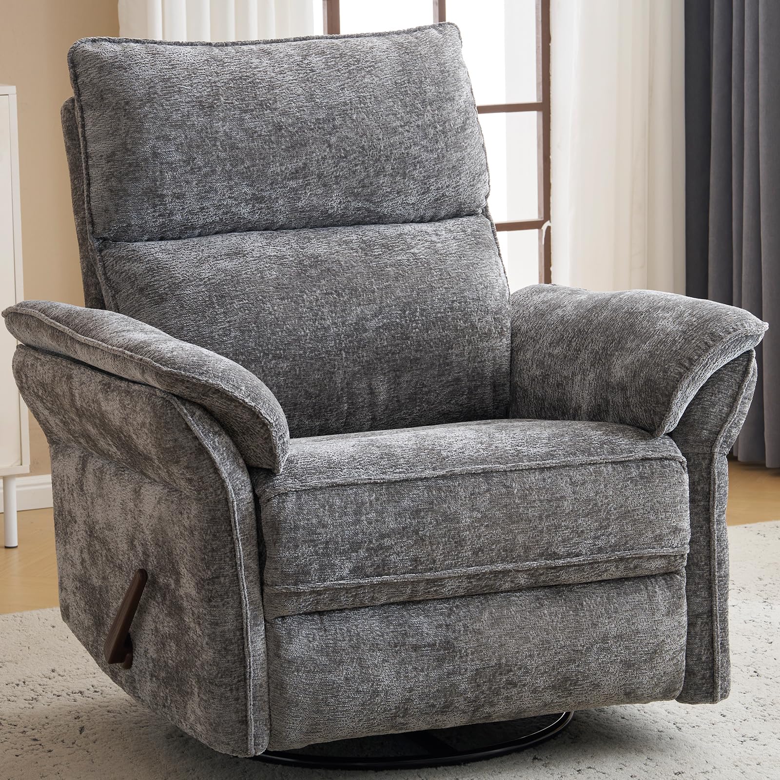 Oversized Swivel Rocker Recliner with Adjustable Headrest, Rocking Chair Nursery with Overstuffed Armrest, Manual Rocker Recliner Nursery Chair for Living Room, Dark Grey