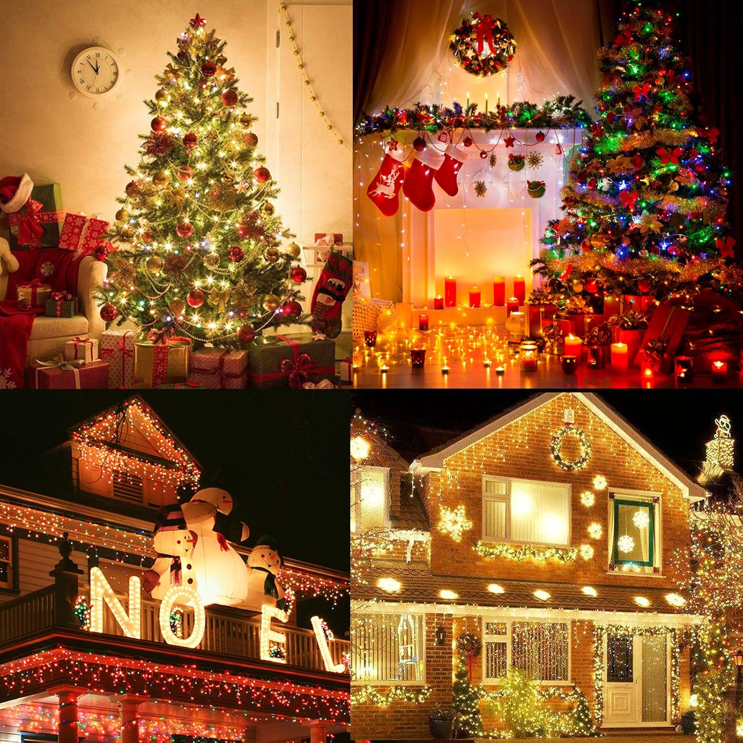 Various festive decorations using Decute string lights, including Christmas trees, house exteriors, and mantels
