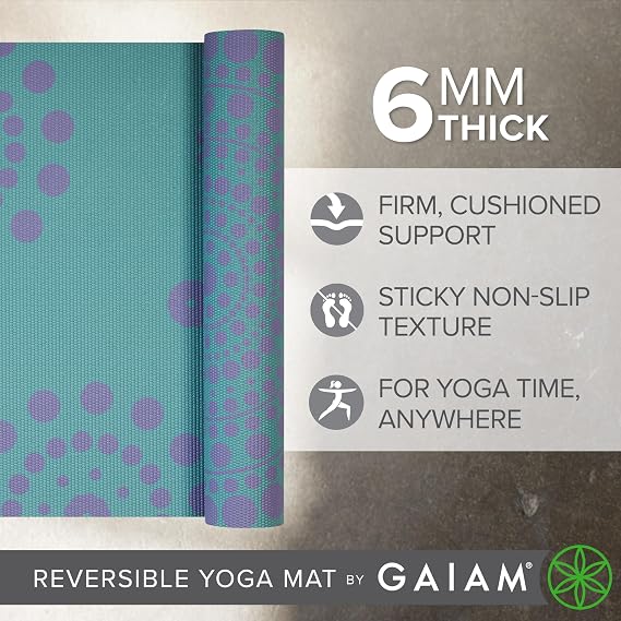 Gaiam Yoga Mat - Premium 6mm Print Reversible Extra Thick Non Slip Exercise & Fitness Mat for All Types of Yoga, Pilates & Floor Workouts (68 x 24 x 6mm Thick)