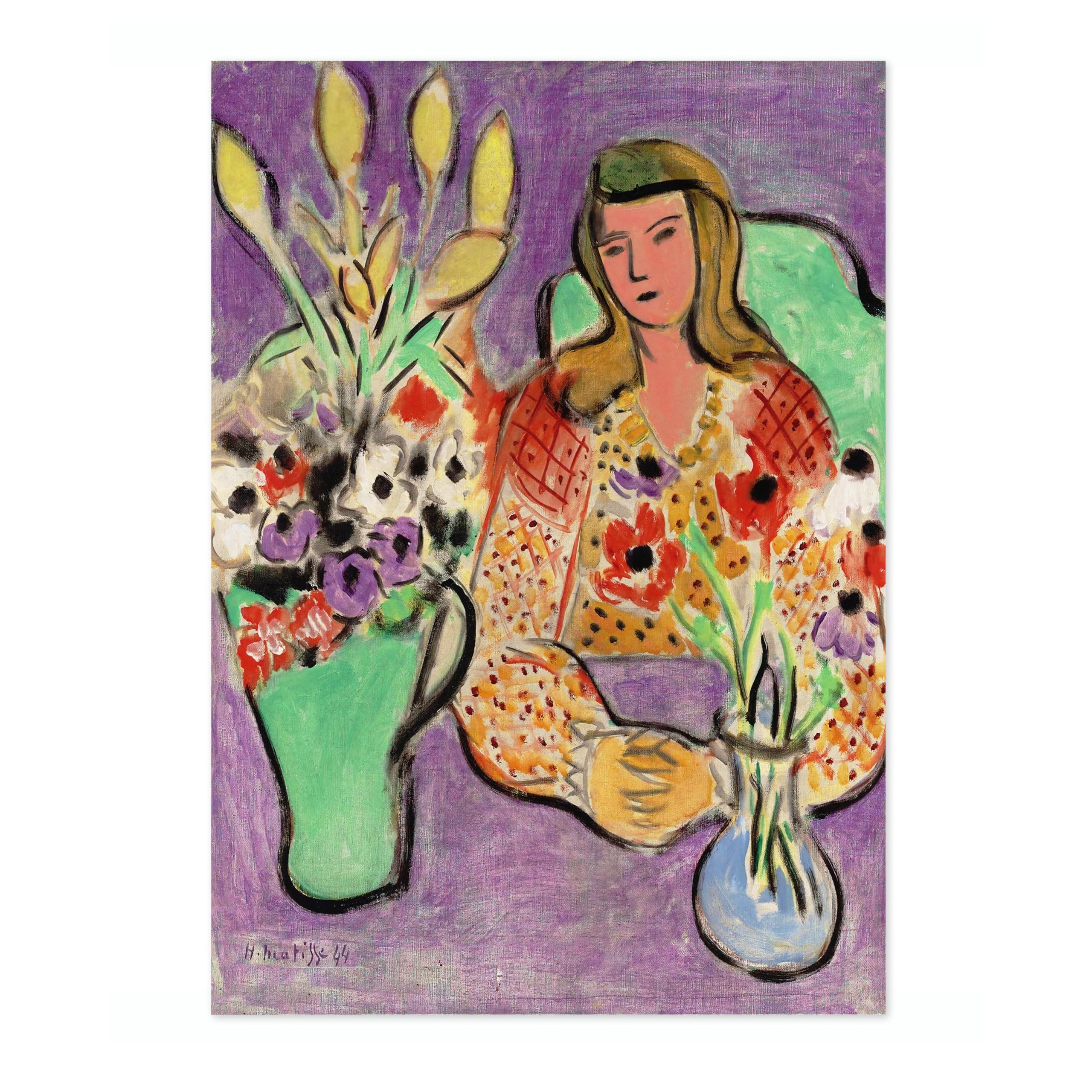 Young Woman With Anemones Henri Matisse Poster. Classic Art Painting Print, Art Exhibition Neutral Wall Art, Modern Minimalist Home Decor Picture, Archival Matte, A2 (Print Only) - 59.4x42cm