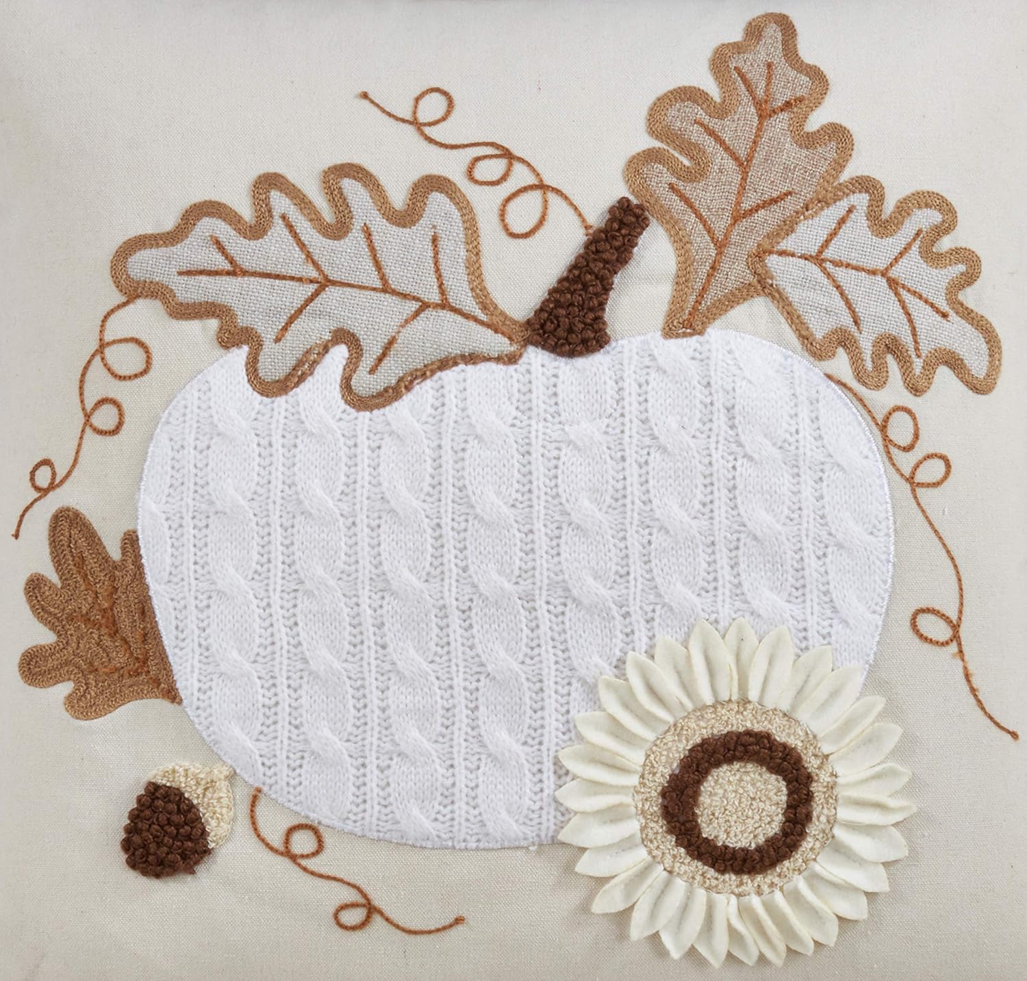 SARO LIFESTYLE Calabaza Collection Throw Pillow Down Filled with Knit Pumpkin Appliqué, 16", Natural