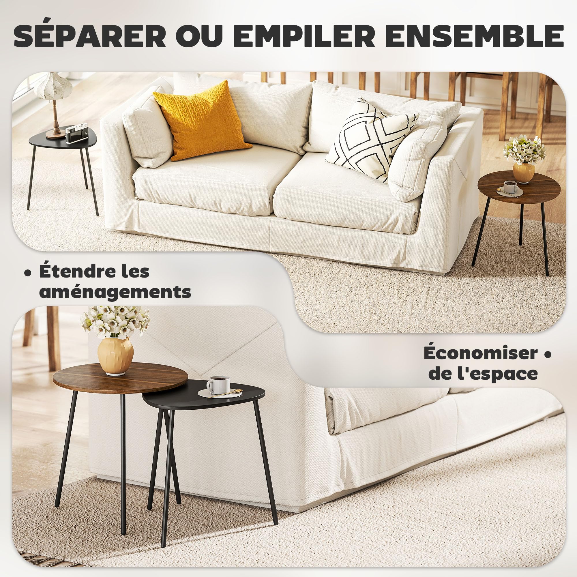 HOMCOM 2 mesas de café Nido, contemporáneo, Nogal y Negro | Mesas laterales de metal, formas redondas y triangulares, mesa de sofá para salón y dormitorio