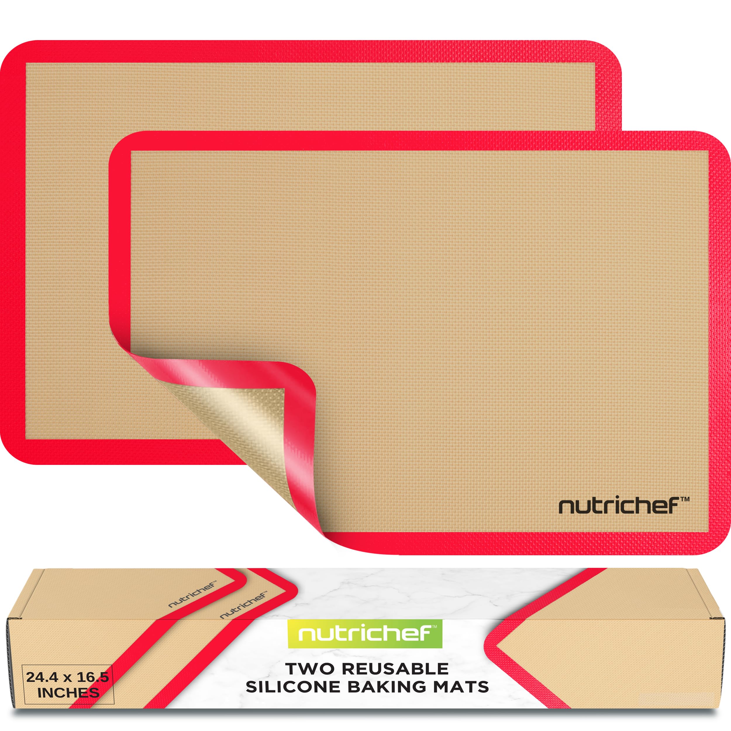 NutriChef Silicone Mat Set – 2 Non-Stick Reusable Oven Liners 62 cm x 42 cm, Food-Grade Oven Safe 250°C, Sheets for Pastry, Dough, Cookies & Kitchen Accessories, Red