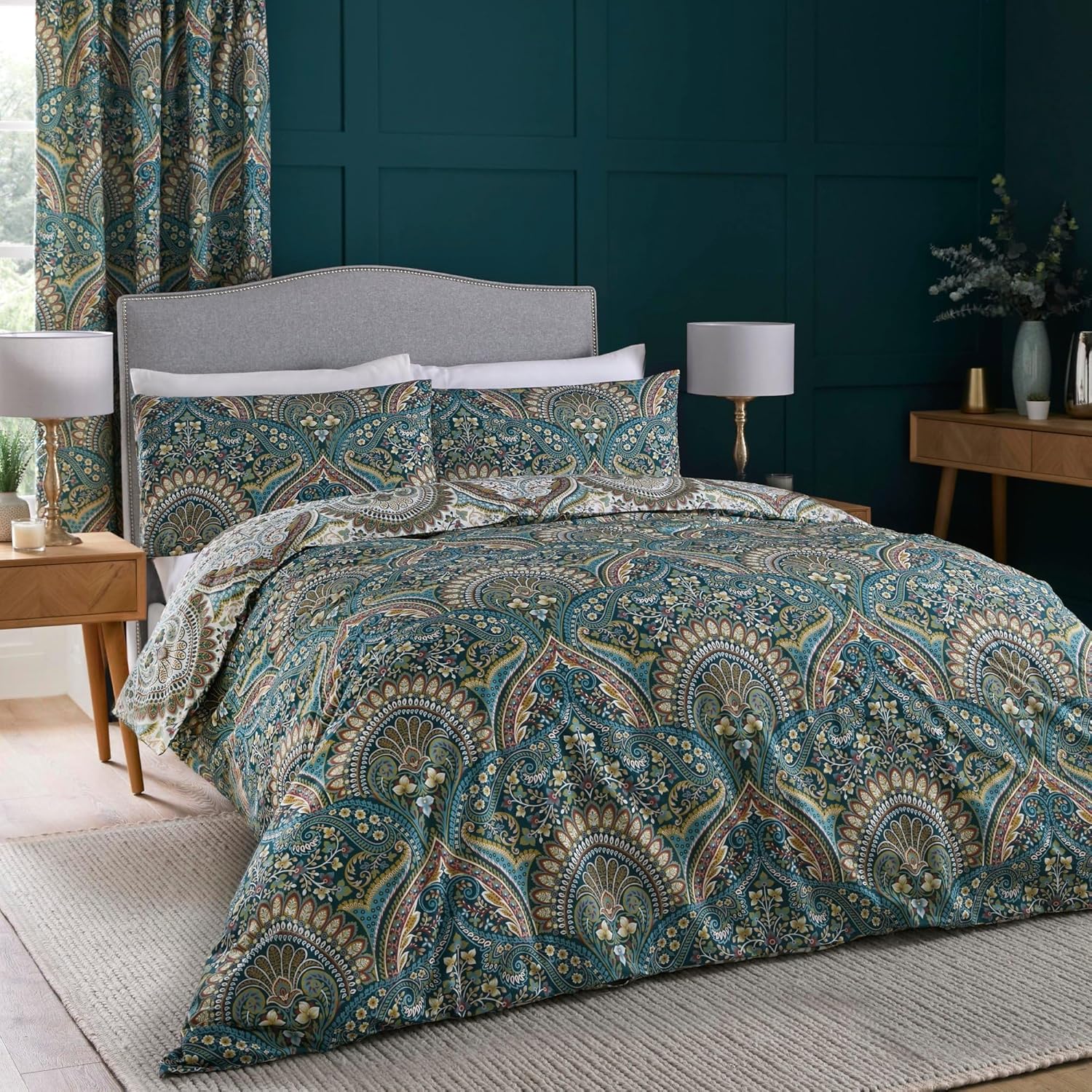 Dreams & Drapes Teal Jacobean Floral Single Bedding Size (140 x 200cm