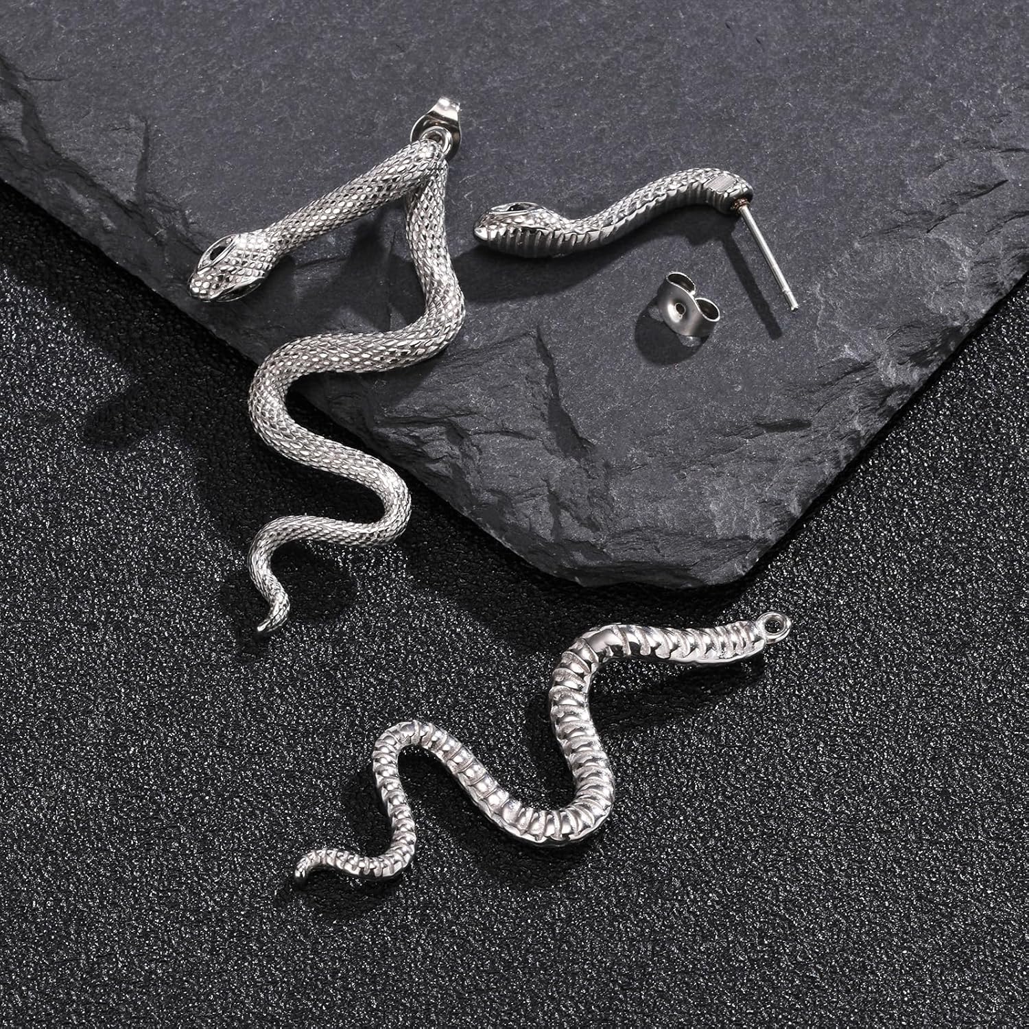 Snake Earrings for Women Men, Punk Gothic Stainless Steel Stud Earrings, Hypoallergenic gold plated/Black/Retro Gray/Silver Snakes Jewelry with Zircon, Statement Cool Rock Hip Hop Biker Earring Halloween Gifts - Image 5