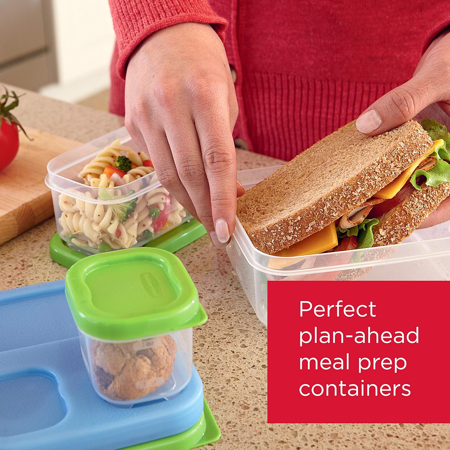 Rubbermaid LunchBlox Sandwich and Meal Prep, 2 Pack Set | Stackable & Microwave Safe Lunch Containers | Assorted Colors, Green