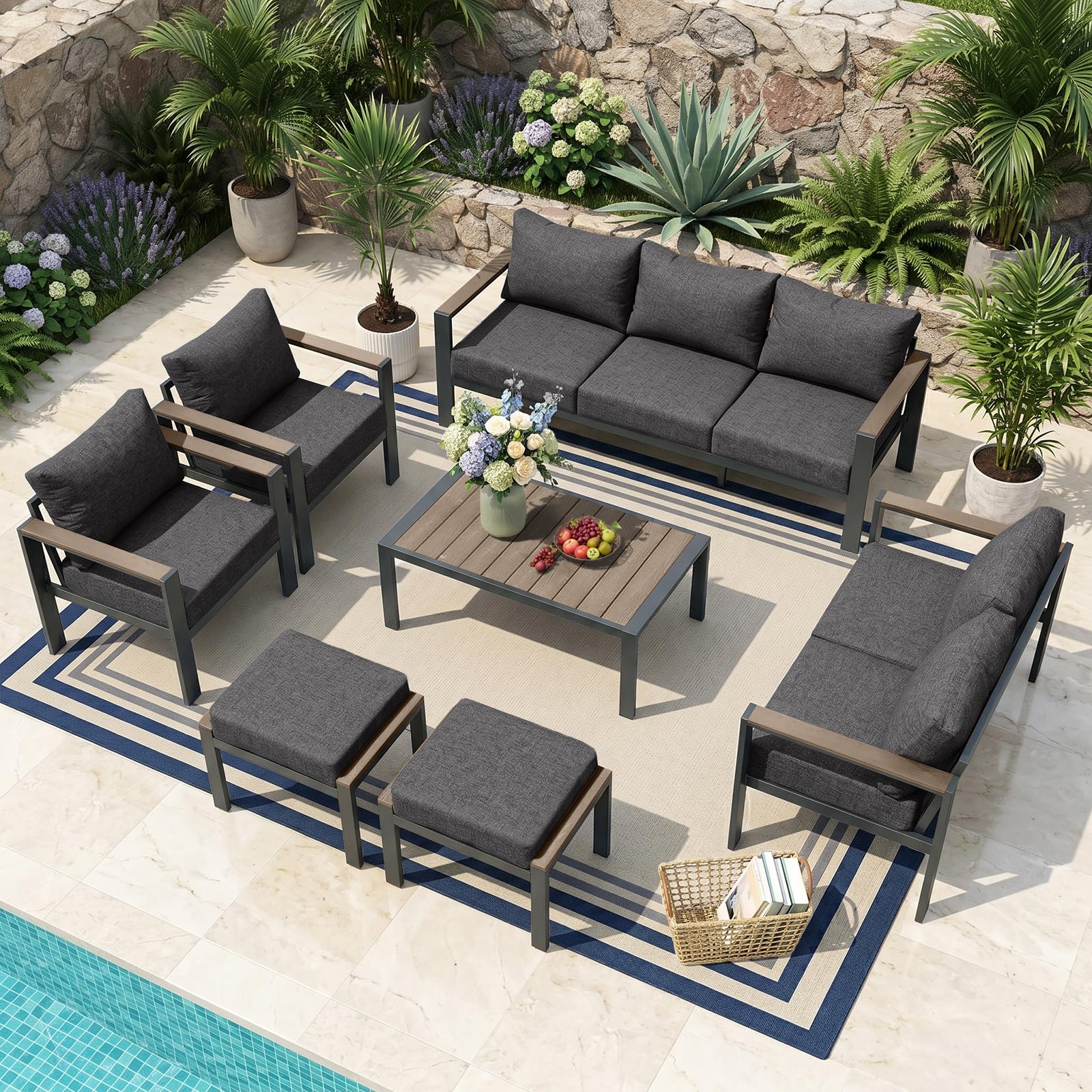 Photo 1 of ***PARTIAL SET - PRICE ADJUSTED*** SAILARY Outdoor Patio Furniture Set 7 Pieces Luxury Aluminum Patio Conversation Set with Coffee Table and 2 Ottoman 9 Seats, Thick Cushions, Large Sectional Sofa for Porch, Balcony, Deck, Dark Gray