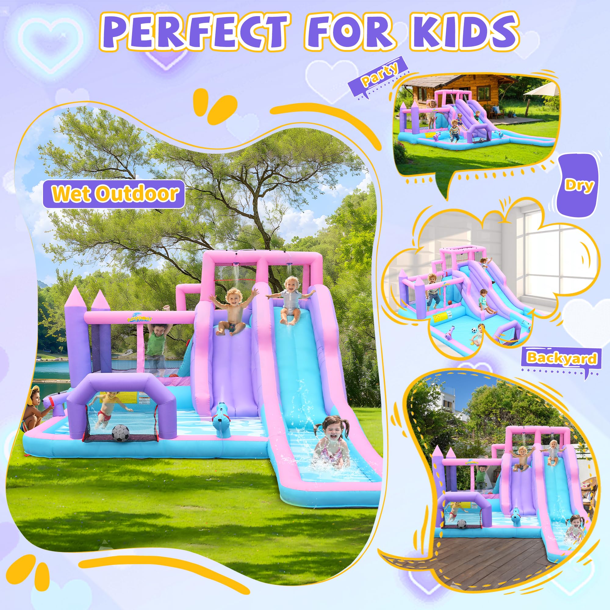 8-in-1 Aufblasbarer Wasserrutschen-Park, 6,1 m x 3,6 m Hinterhof-Hüpfhaus mit 5,5 m langer Rutsche & 2 Bodyboards, Kinder-Wasserrutschen für 3-10 Jahre, inklusive 650-W-Gebläse