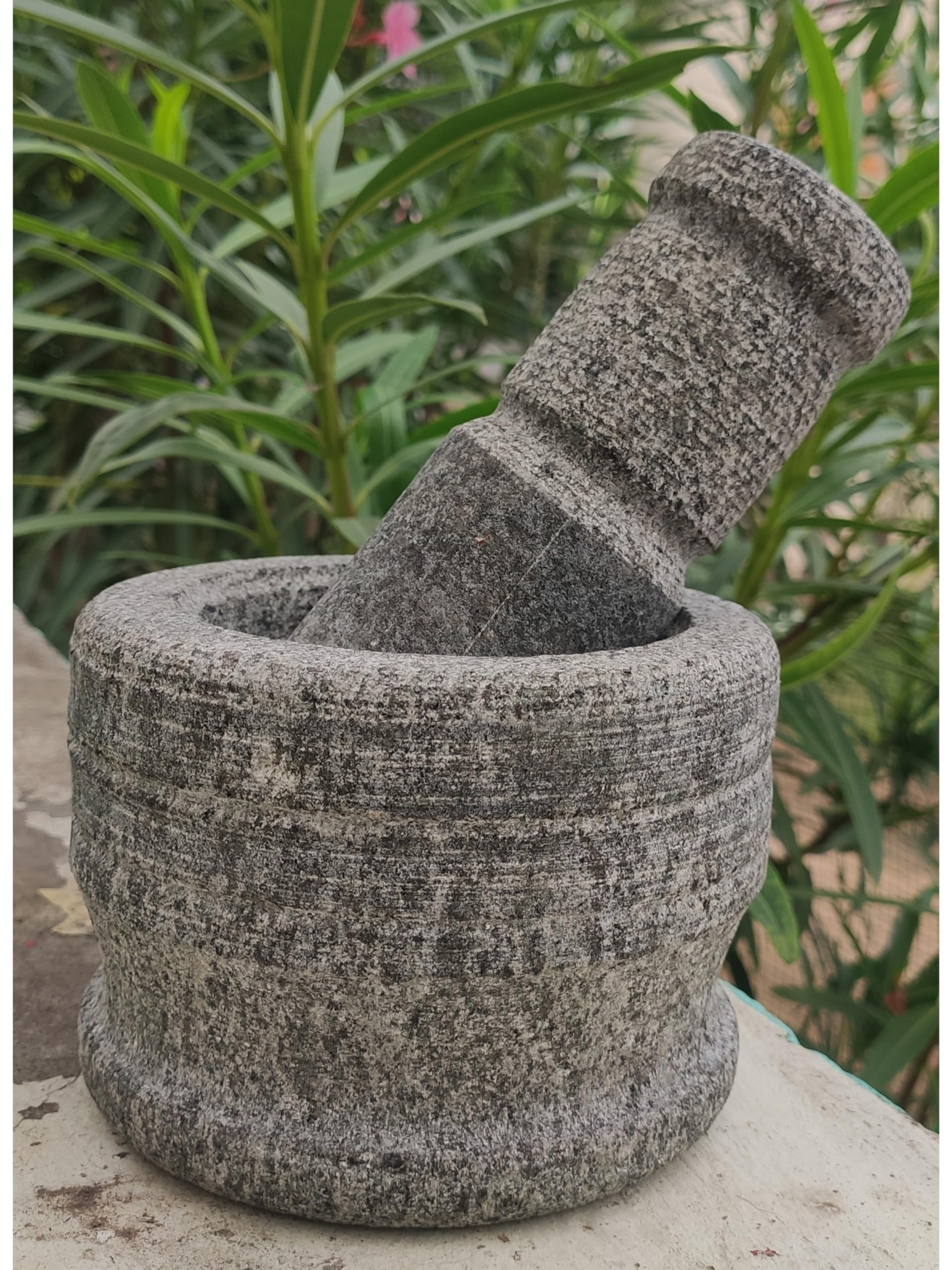Stone Mortar and Pestle Set for Spices, Okhli Masher, Khalbatta Stone, Natural & Traditional Grinder, Musal, Well Design for Kitchen, Home, Herbs (5.5 inch) black stone Grey