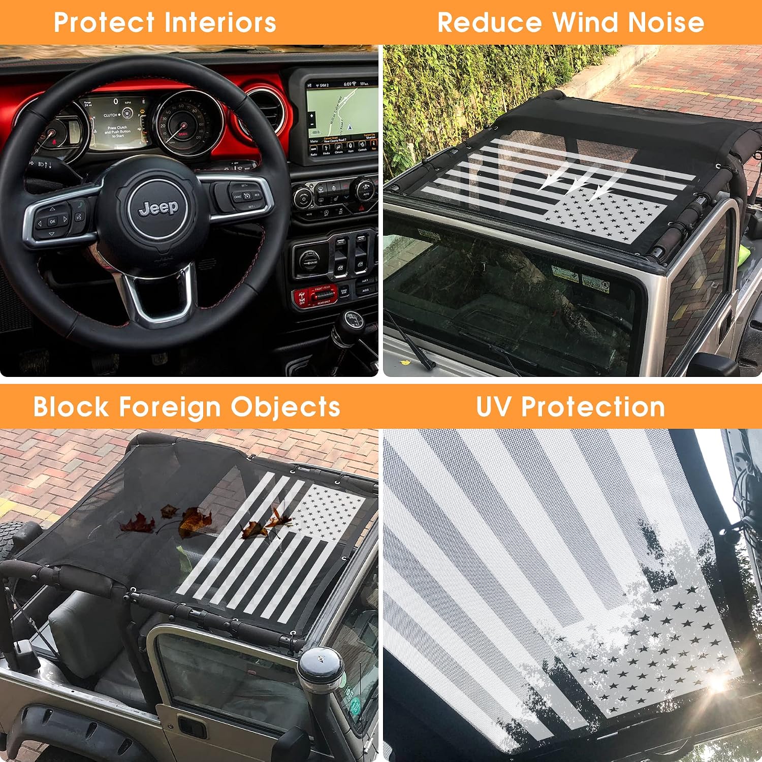 Mesh Shade Bikini Top UV Protection Sunshade Cover for Jeep Wrangler TJ 1997-2006 - USA Flag