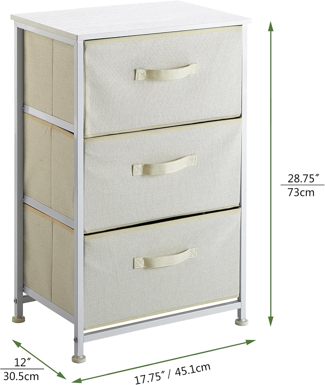 Urban Lifestyle 3 Tier Fabric Drawer Storage Cart with MDF Wood Frame, Cream with White Frame