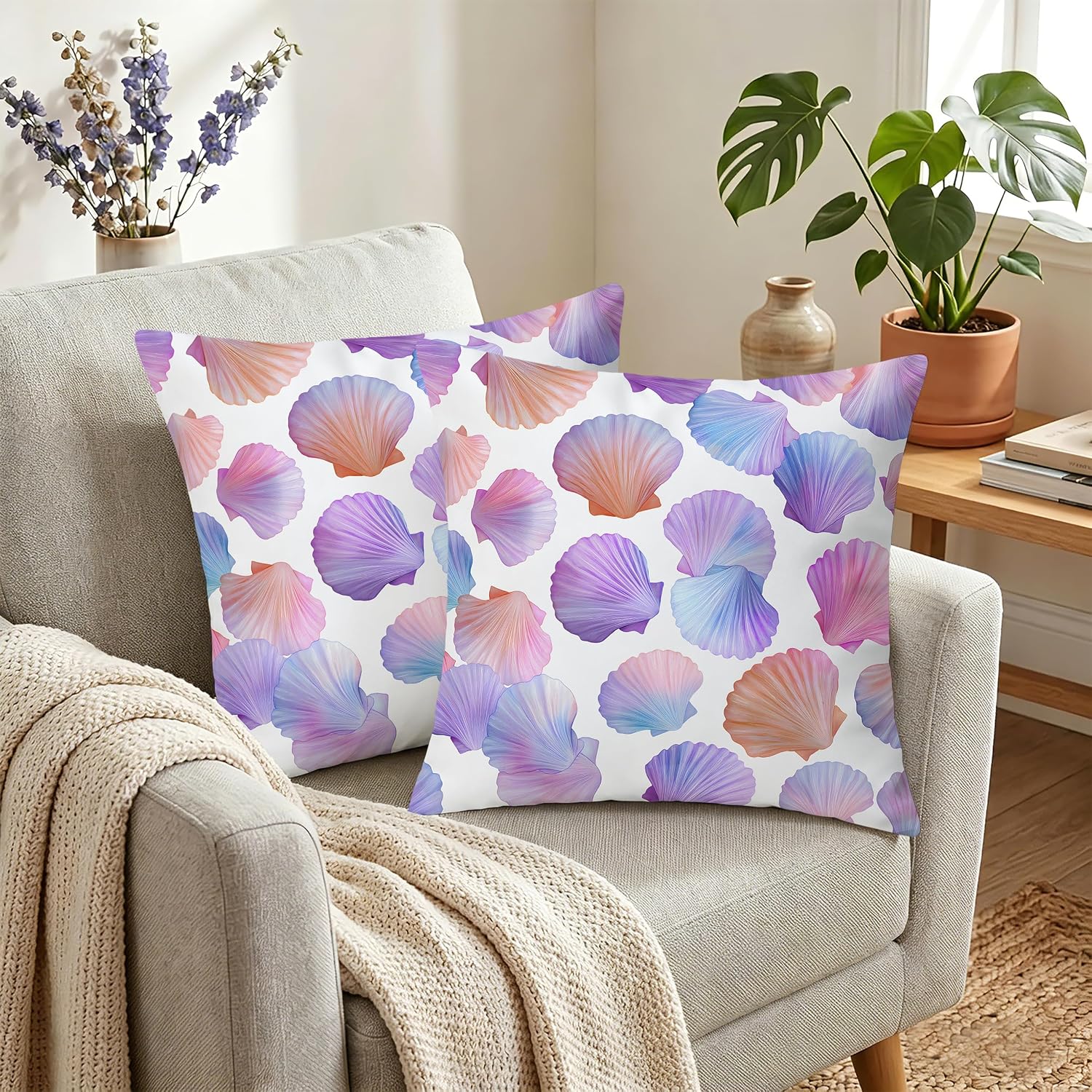 2 Pack Pastel Seashell Pillow Covers 18x18 Inch, Super Soft Velvet Double Sided Printed Coastal Cushion Cases, Purple Pink Ocean Beach Shell Throw Pillow Covers for Home Sofa Bedroom Decor image 3