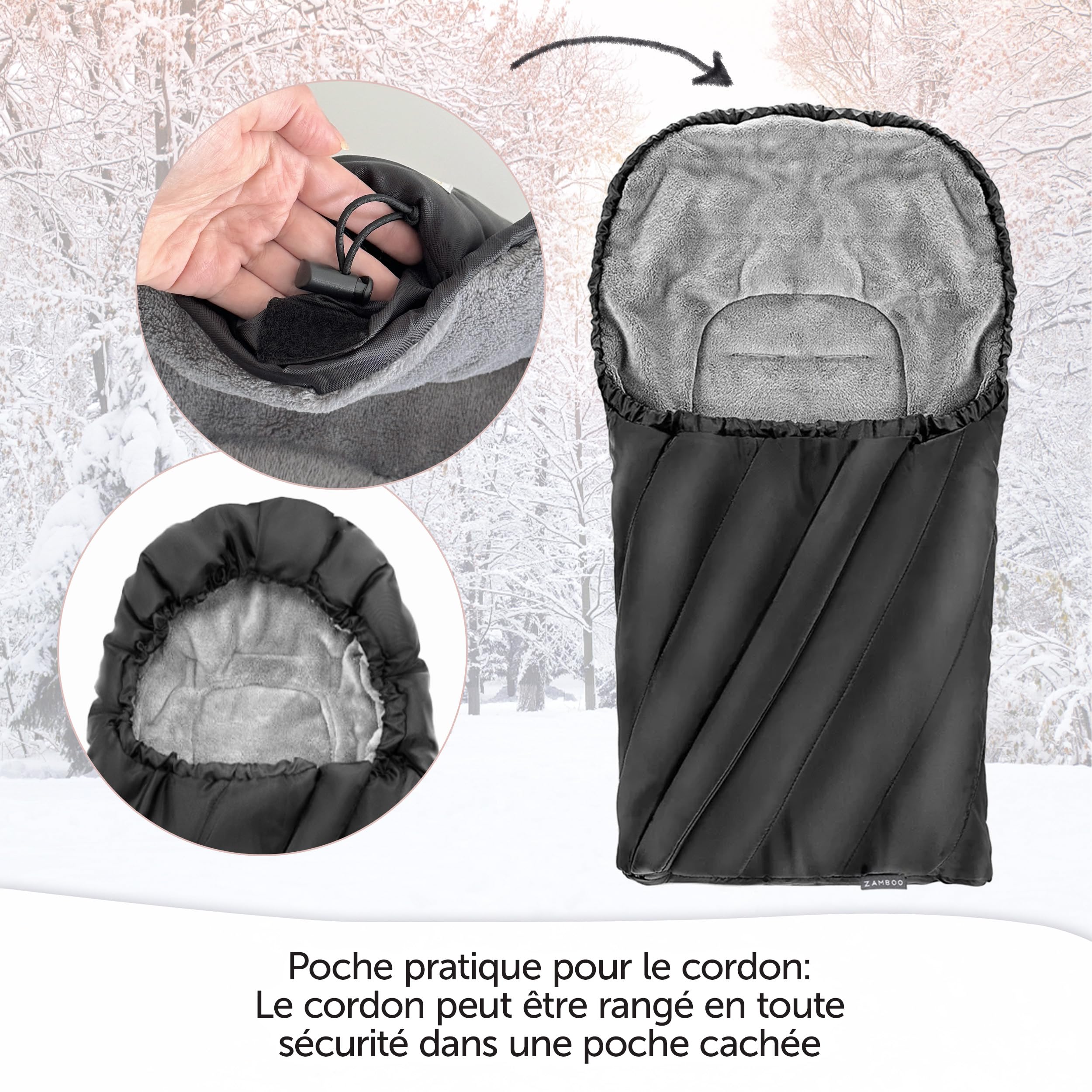 Zamboo Chanceliere Cosy Bébé Hiver avec Intérieur Polaire Teddy Doux, Noir | Nid d'ange bebe avec fentes pour harnais, compatible groupe 0+, sac de rangement inclus, lavable en machine