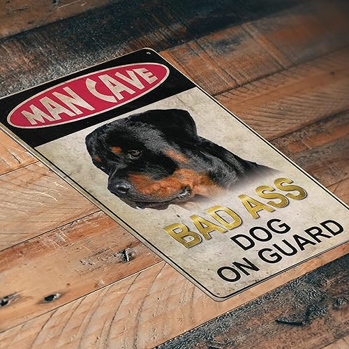 Miniatura 5 de Letrero de hojalata con texto en inglés "Warning Bad Ass Dog On Duty", diseño de perro rottweiler, divertido letrero de hojalata para perros de