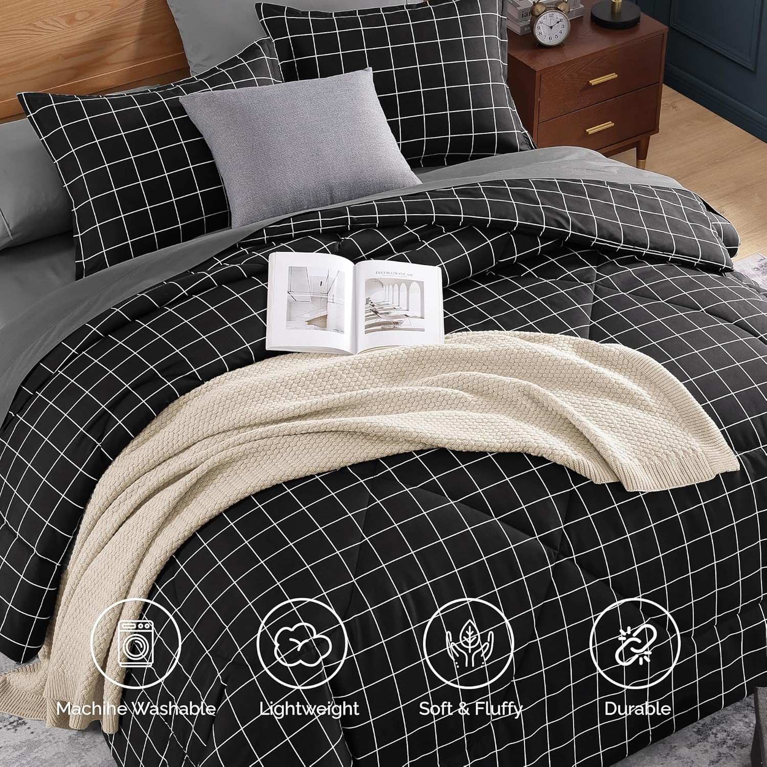 Andency Black Grid Comforter Set Twin Size (66x90 Inch), 2 Pieces(1 Grid Comforter and 1 Pillowcase), Summer Lightweight Microfiber Down Alternative Black Comforter with White Lines for Kids Girls - Image 4