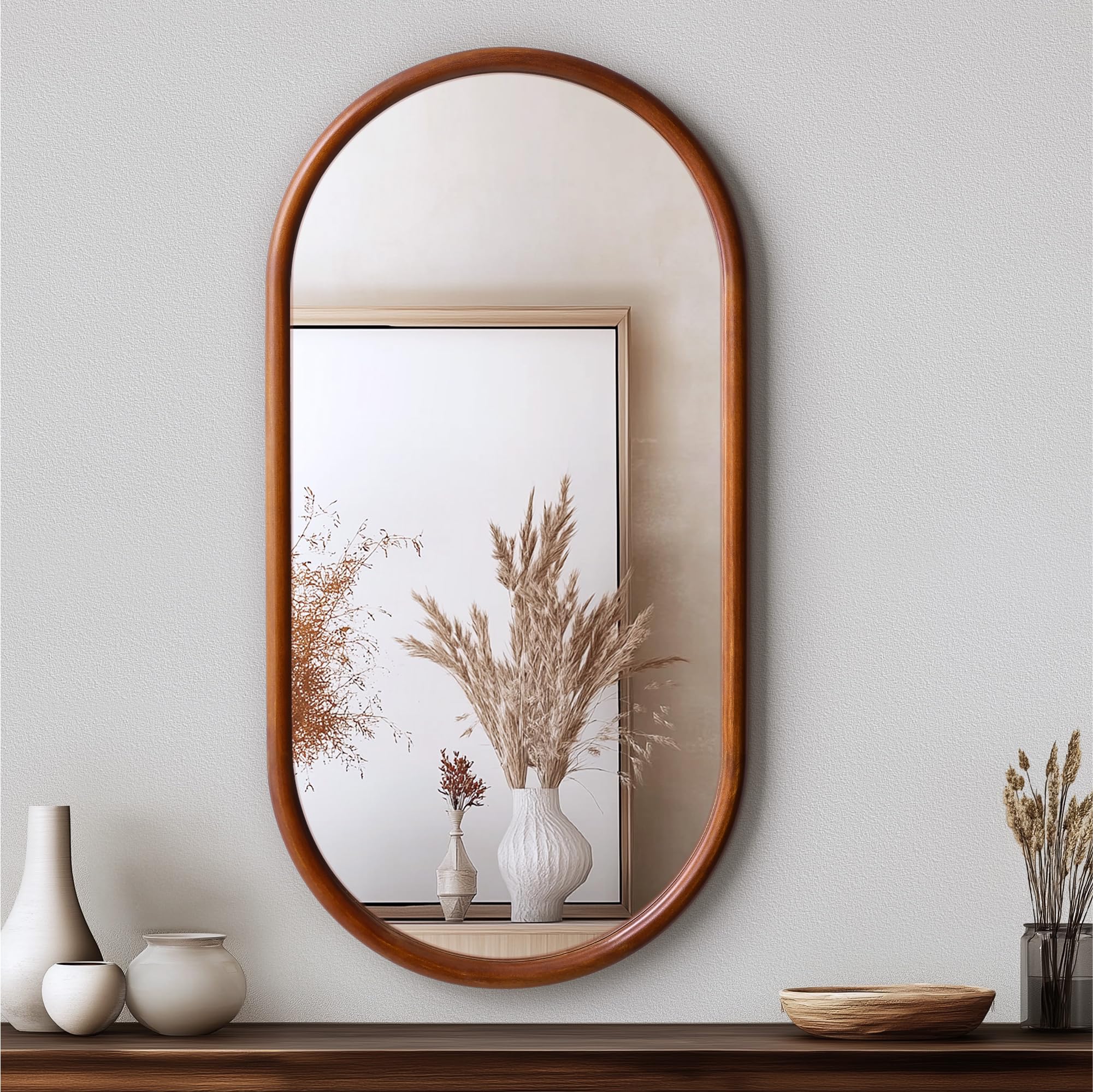 Navaris Wooden Oval Mirror Oval Wood Framed Mirror - Mirror for Bedroom Bathroom or Entryway Wall Decor - Versatile Hanging Orientation - Distortion-Free Reflection