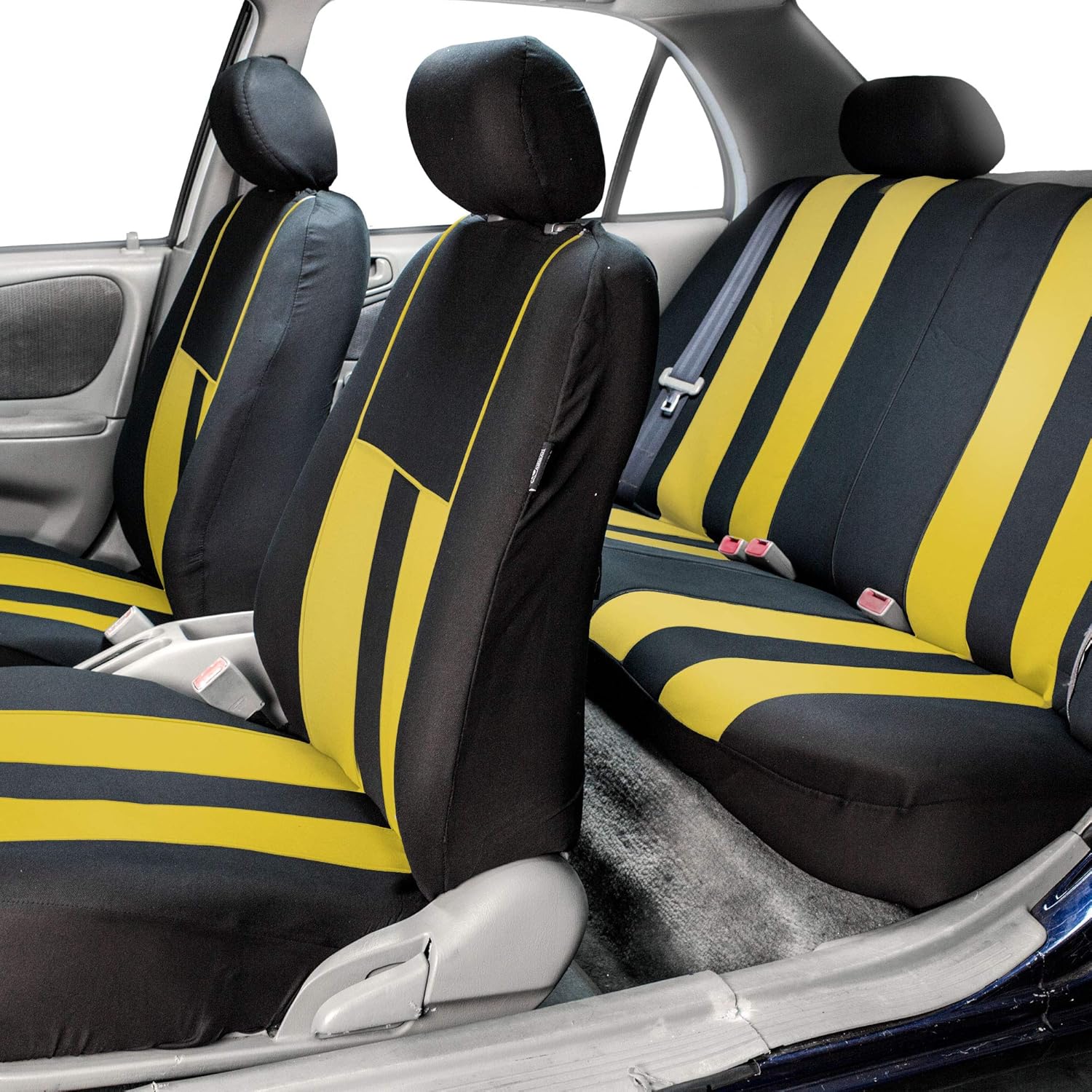 FH Group Car Seat Covers Striking Striped Full Set Yellow Automotive Seat Covers, Airbag and Split Rear Car Seat Cover Universal Fit Interior Accessories for Cars Trucks and SUV Car Accessories