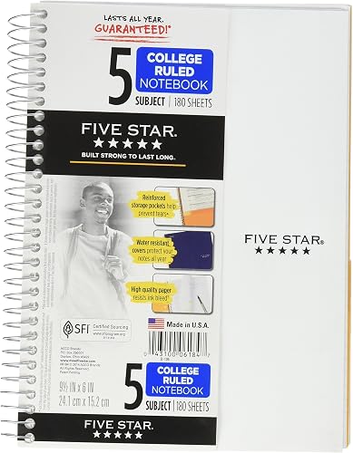 Five Star Cahier à spirale, 5 sujets, papier ligné pour université, 180 feuilles