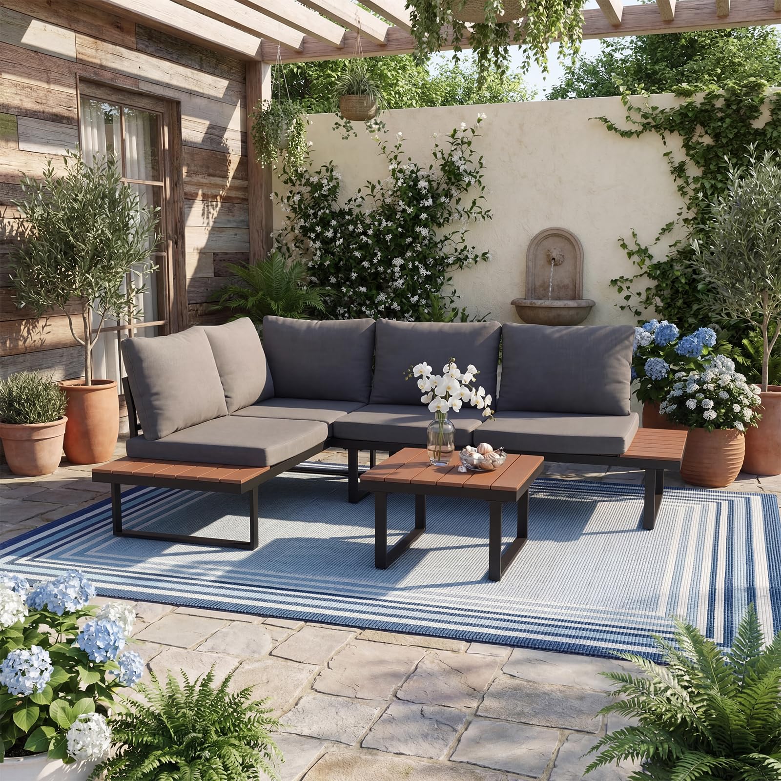 Gartenlounge Set 4 Personen, Loungemöbel Outdoor mit Tisch & Abdeckung, Gartensofa Sitzgruppe Wetterfest, Balkonmöbel für Garten & Terrasse