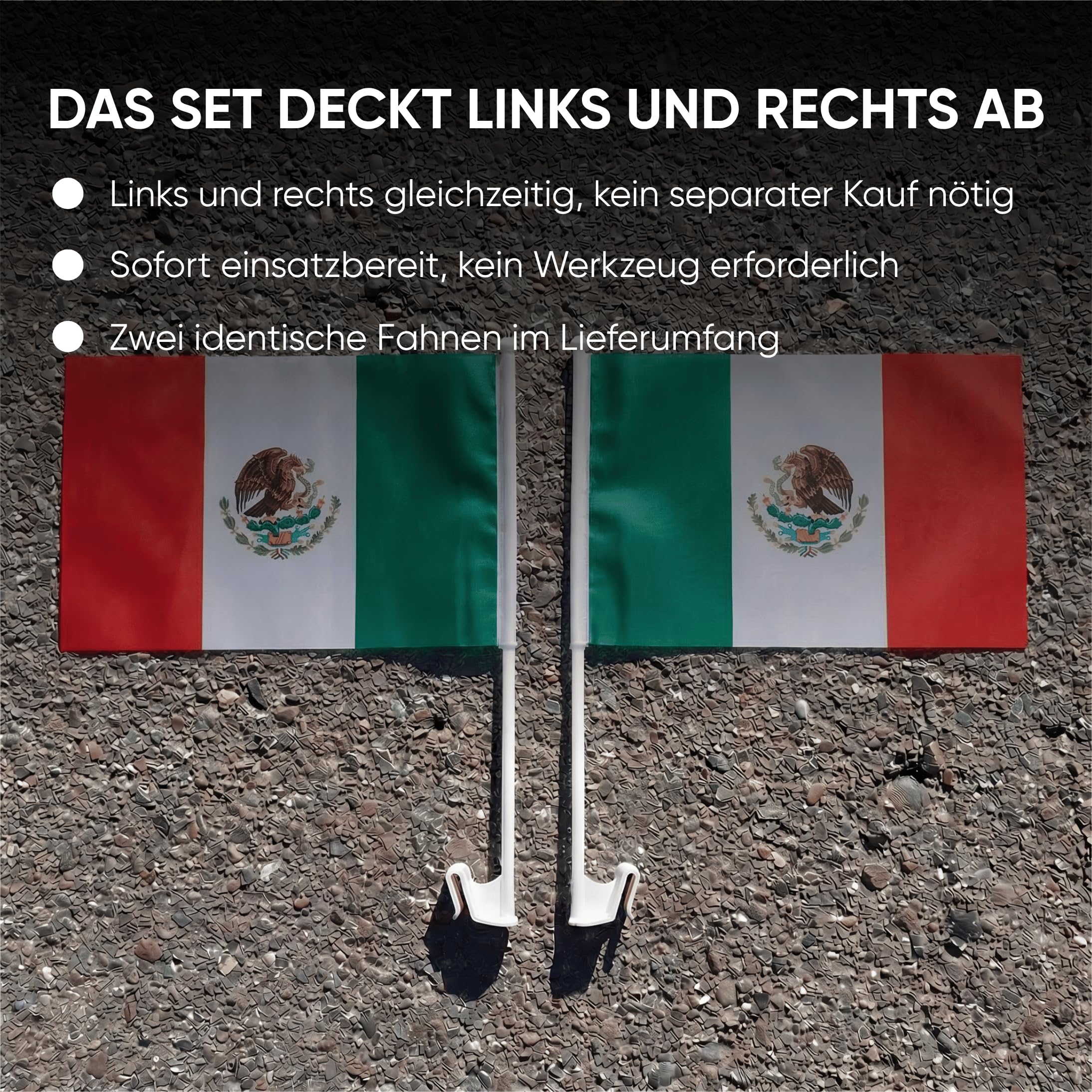 Auto Fahnen Mexiko Komplett Set - Motorhaubenfahne, 2 Autofahnen Fenster & 2 Außenspiegelfahnen, Fußball Fanartikel FZG für EM & WM, Mexikanische Flagge Fahrzeug Deko