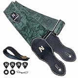 Nefelibata Guitar Strap with Pick Pocket,2.3 inch Porter Style Vegan Leather Carving Guitar Straps,60s Vintage Style Include Guitar Pick,Strap Button and Strap Lock (Green)