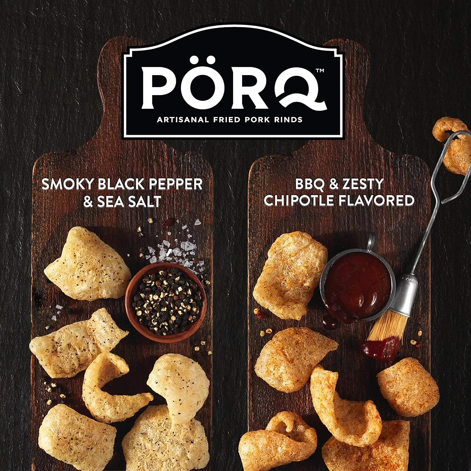 PORQ Artisan Fried Pork Rinds variety pack, BBQ & Zesty Chipotle, Smoky Black Pepper & Sea Salt, and Fine Herbs & Vinaigrette, 2 CT