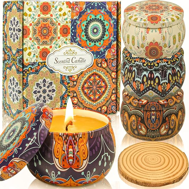 4 PCS Scented Candles Gifts Set for WomenVanilla Lavender Rose Jasmine 100% Soy Wax with 8% Strongly Fragrance Essential Oils 4.4 oz for Stress Relief or Christmas Birthday Mother's Day