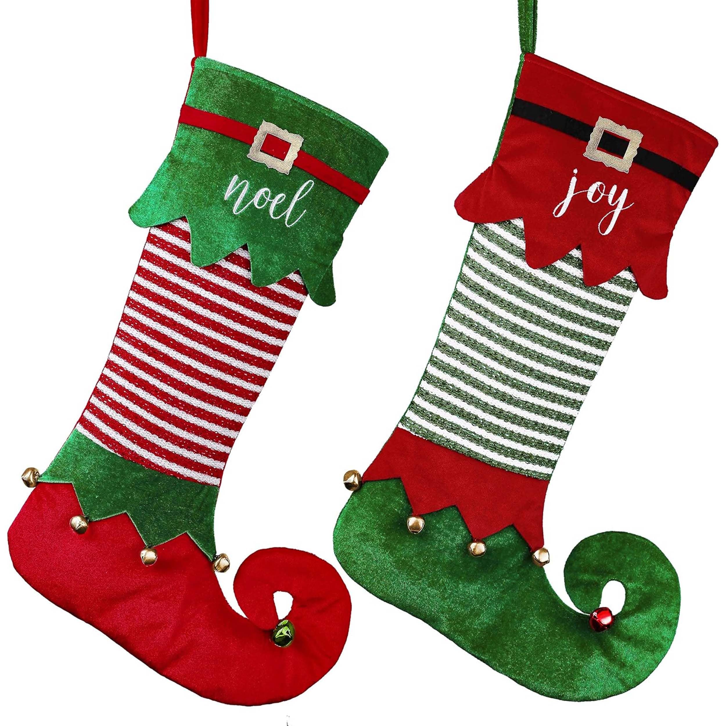 Valery Madelyn Lot de 2 chaussettes de Noël de 45,7 cm, motif lutin rouge et vert, en peluche exquise, décoration à suspendre pour cheminée, décoration de fête de Noël