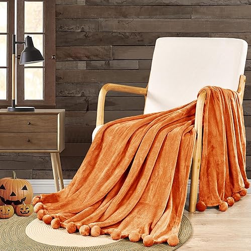 Miniatura 10 de Manta con pompones para sofá, manta de franela de vellón con borlas de flecos de pompones, manta de felpa, acogedora, cálida, suave, ligera para