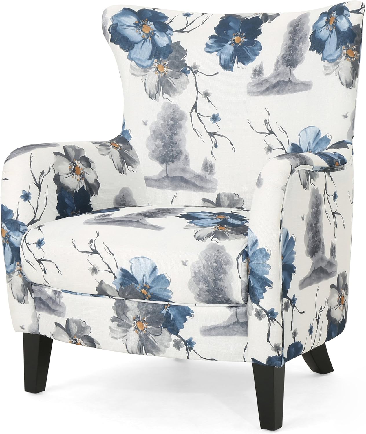 Modern Accent Chairs，Living Room Chairs，Accent Chair，High Back Floral Armchair w/Wooden Legs，Upholstered Side Chair Padded Armrest Single Sofa for Living Room，Bedroom (Blue Floral)