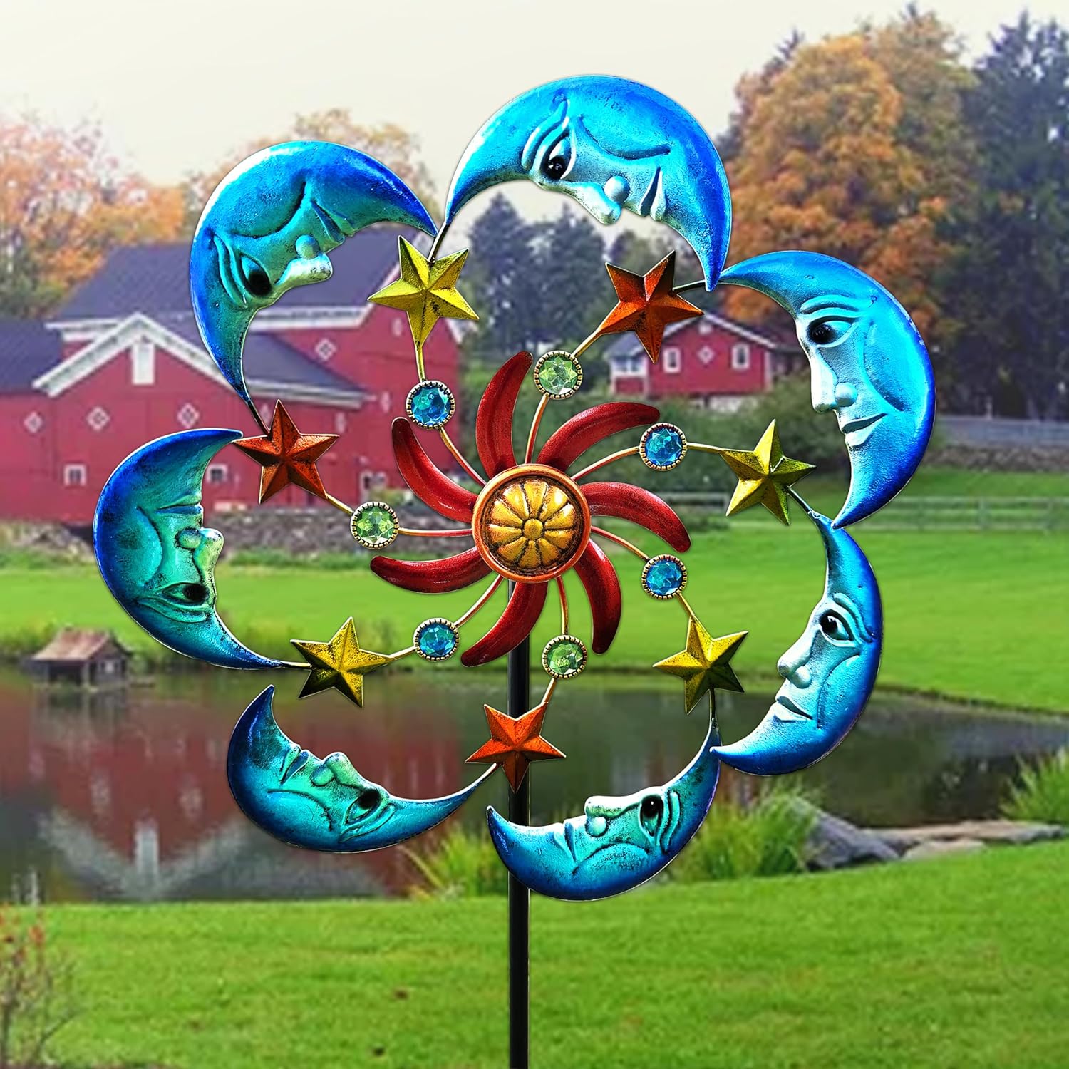 Moon Sun 58-Inch Metal Wind Spinner with Stake for Garden, Yard, Lawn and Patio Decor