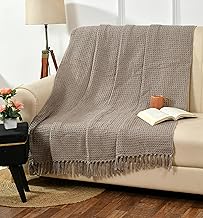 TIB ® Cotton Throw Blanket, 127x152 cm, Throws for Sofa and Couch 3 Seater TC - 120 with Fringes, (Beige)