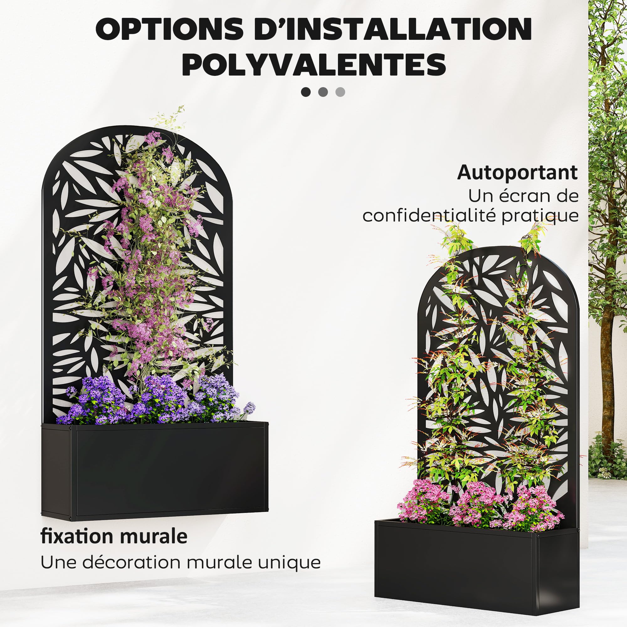 Outsunny Jardinière avec Treillis, Bac à Fleurs Métal, 61x23x113cm Noir | Lit Surélevé avec Brise-vue Découpé en Feuilles, Fixation Mur ou Sol, pour Plantes Grimpantes, Légumes, Fleurs