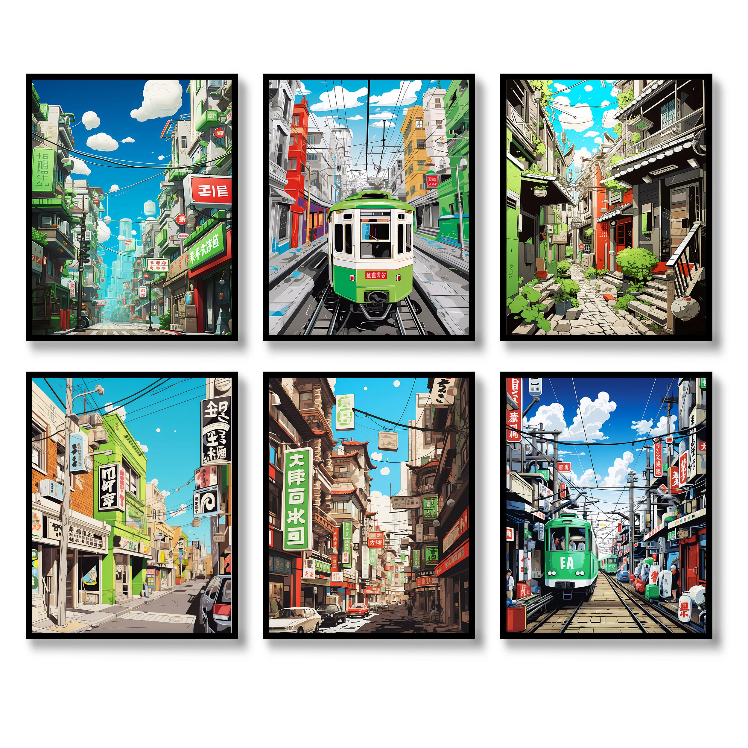 LuodroduoJapanese Wall Art Set of 6 Japan Rural Architecture Abstract Scenery Illustration Wall Decor Countryside Streets Canvas Art Poster for Living Room Bedroom Wall Art (B, 11"x14" UNFRAMED)