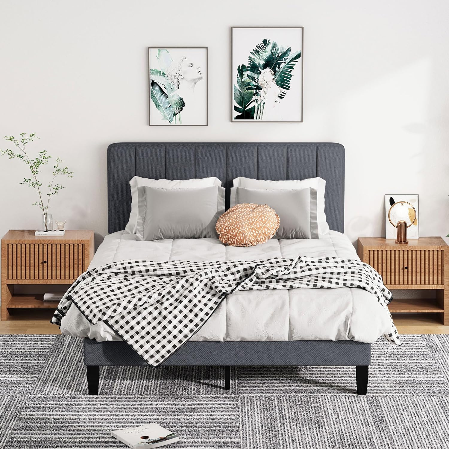 Full Bed Frame Platform with Adjustable Upholstered Headboard Mattress Foundation No Box Spring Needed Easy Assembly Noise-Free, Beige