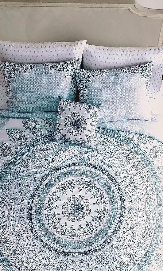 Amazon Artistic Accents 掛け布団カバーセット フル クイーンサイズ ベッド 豪華 3ピース 複雑なサークルタペストリー ボヘミアン メダリオンパターン ターコイズアクアブルー グリーンのシェード ホワイト ホーム寝具 タージー 寝具カバーセット オンライン通販