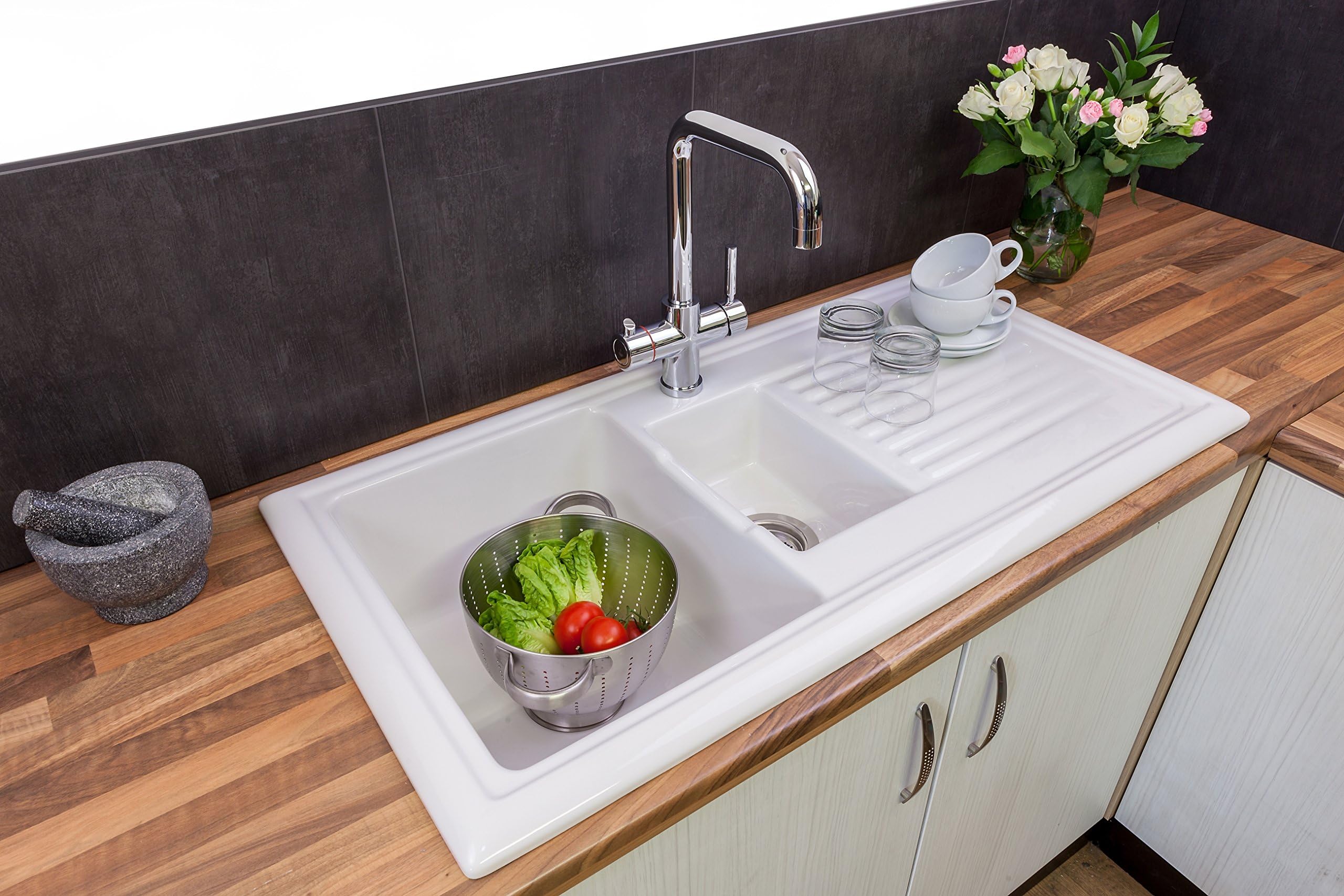 Reginox RL301CW 1.5 Bowl White Ceramic Reversible Inset Kitchen Sink & Waste Kit