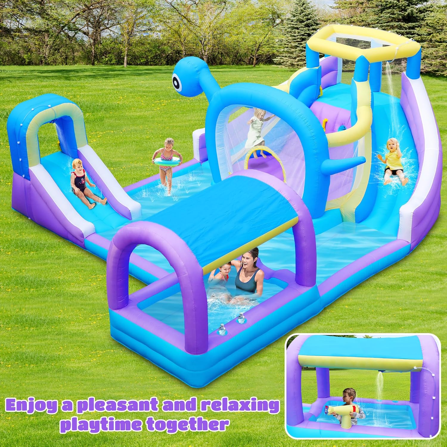 Inflatable Water Slide Park, Bounce House for 5 Kids with Blower, 2 Splash Pools, Climbing Wall, Water Cannon, Ringtoss, 206 x 191 x 79 inches, Jumping Bouncy Castle for Outdoor