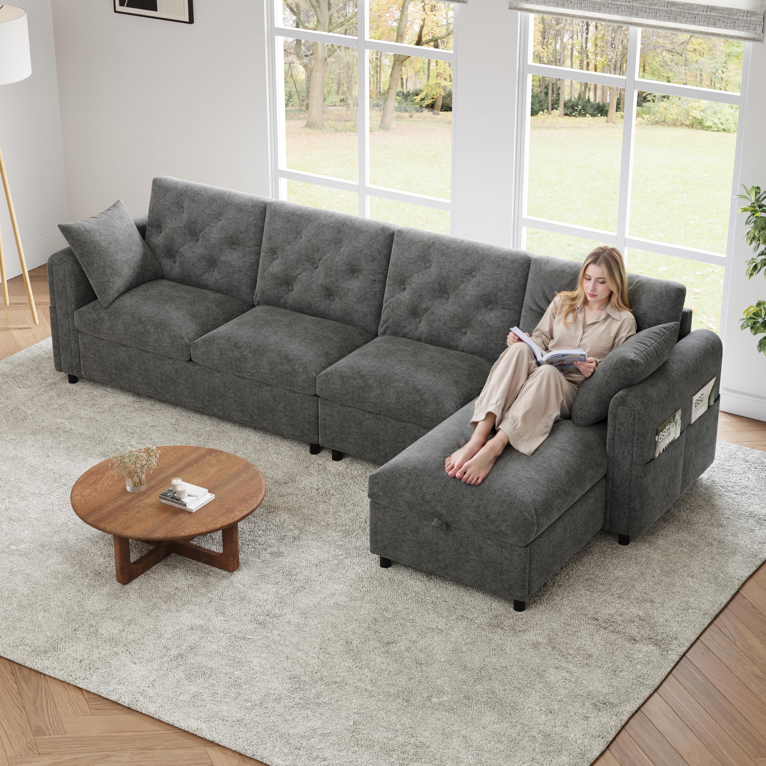 Divano ad Angolo 4 Posti con Contenitore, Divano Angolare in Velluto con Poggiapiedi Rimovibile per Salotto Soggiorno, Chaise Longue a Forma di L, Divano a Sinistra/Destra Grigio
